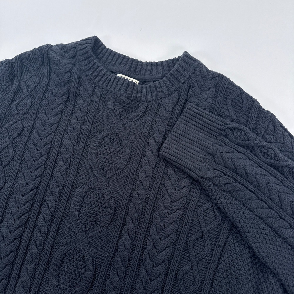 LL Bean Mens Sweater XL Navy Blue Organic Cotton Cable Knit Fisherman Crewneck